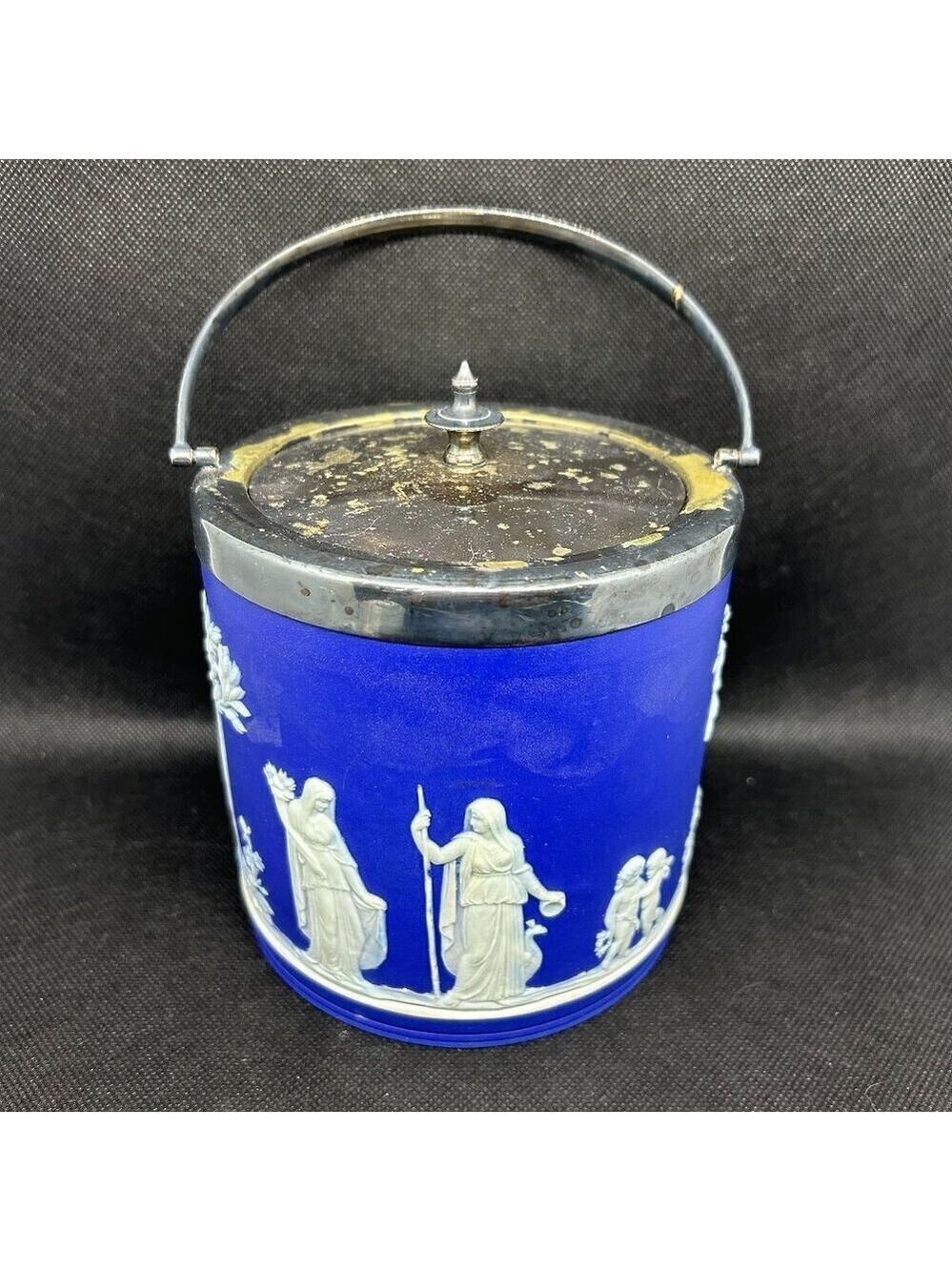 Antique dark blue Jasper bas relief Wedgwood biscuit barrel c. Late 1800-1900s